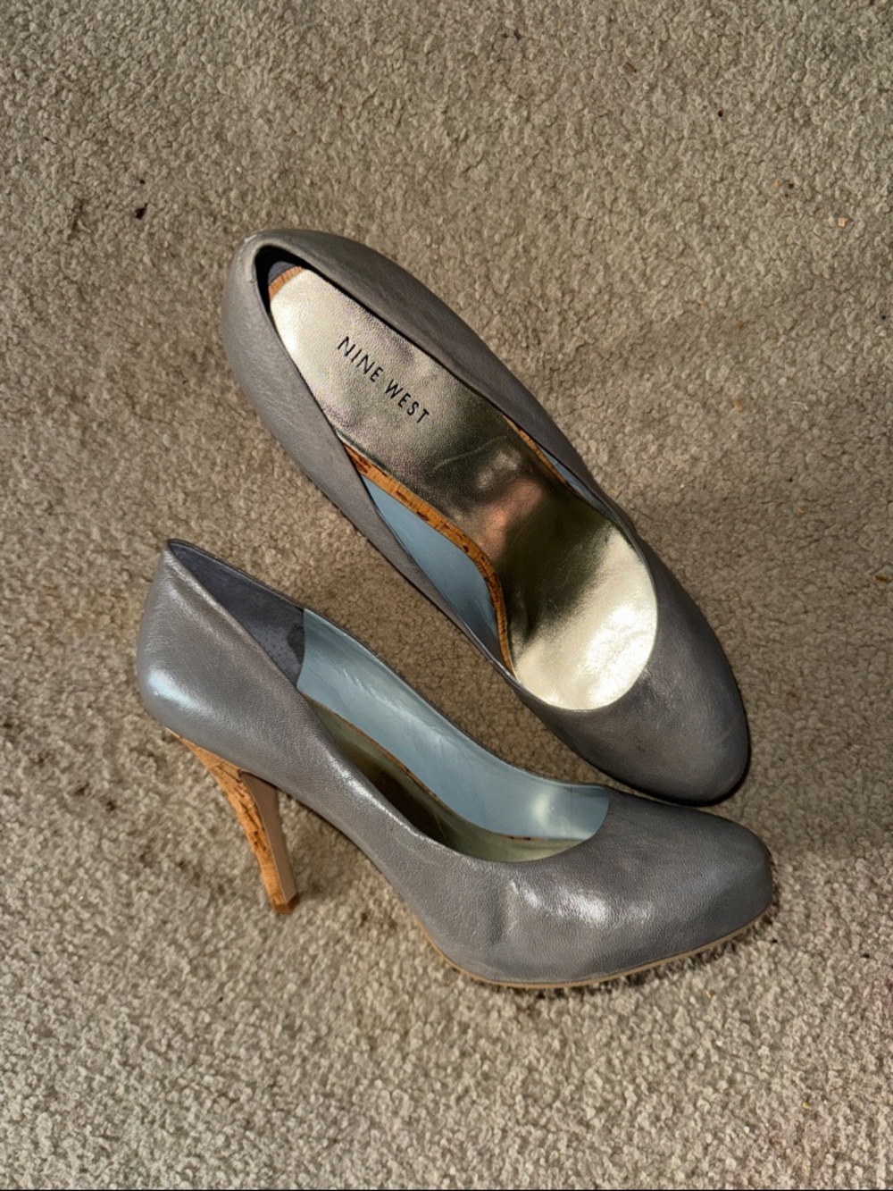 Nine West Gray Leather Pump with Cork-Look Stiletto Heel